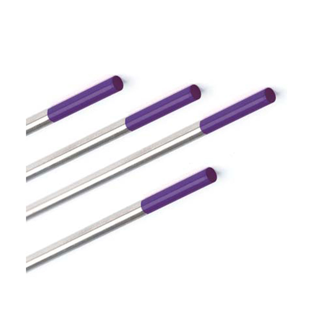 Tungsten electrodes with purple tips , laid out on a white background.
