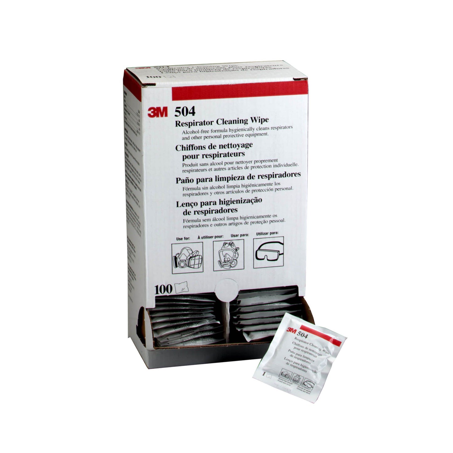 Box of 3M 504 Respirator Cleaning Wipes with a single wipe displayed in front.