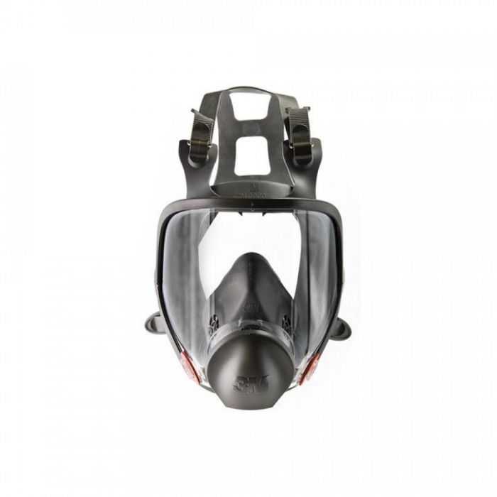 Front view of 3M Silicone Full Face M6800 Respirator with a high impact polycarbonate visor and four strap head suspension