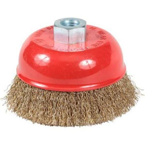 A 75mm red cup brush with a crimped brass coating, designed for use with grinders.