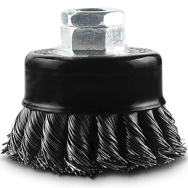 A black cup brush with a twist knot made of stainless steel, designed for use with grinders on flat surfaces, external corners, and edges.