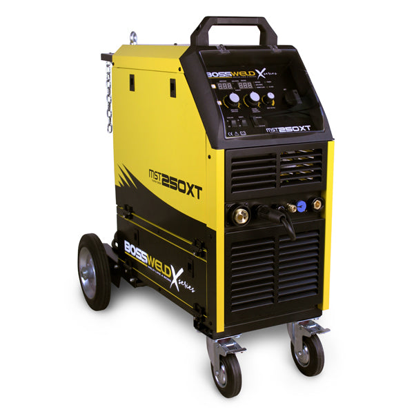 Bossweld  MST 250XT MIG/STICK/TIG Inverter Welder on wheels, predominantly yellow with black and designed for industrial use.