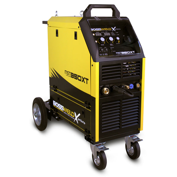 Bossweld MST 350XT MIG/STICK/TIG Inverter Welder in yellow and black with various controls and displays on the front panel.