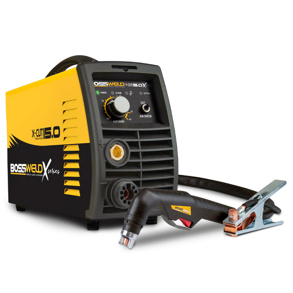 A yellow and black Bossweld X-Cut 15.0 plasma cutter with a control panel on display and a plasma torch attached.