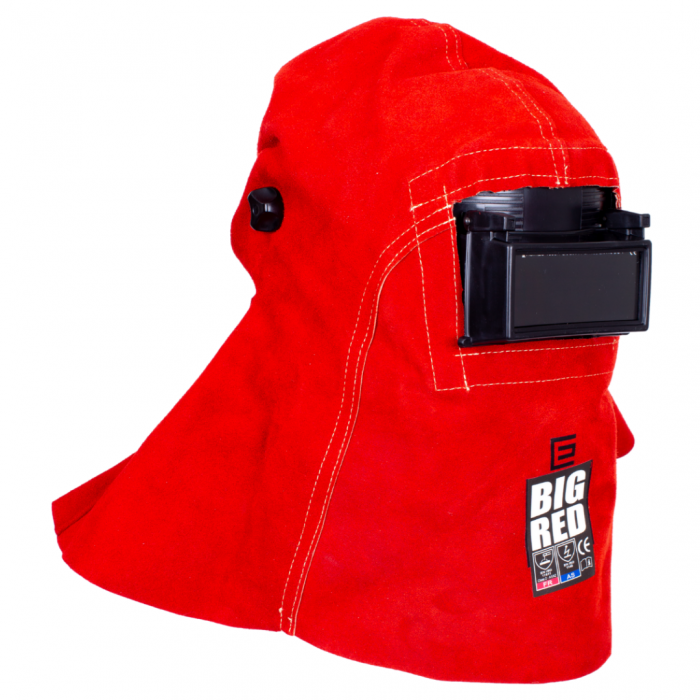 Confined space helmet with hood is a cut-down welding helmet attached to a leather hood with hook + loop around the lens area