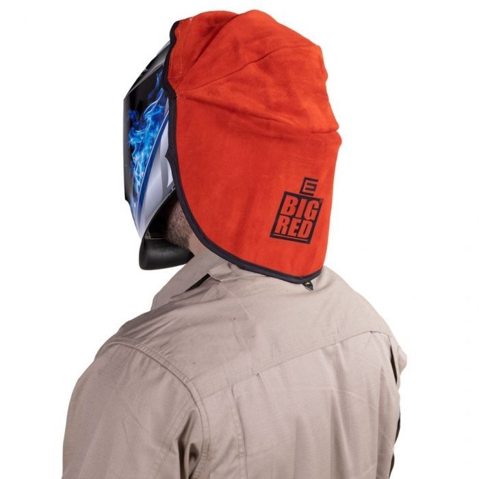 Man wearing Leather Welding helmet nape worn on top of a helmet from a side and back view