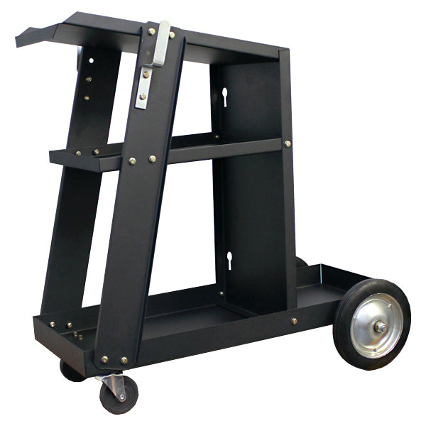 A black Bossweld universal welders trolley with cable hangers and large casters.