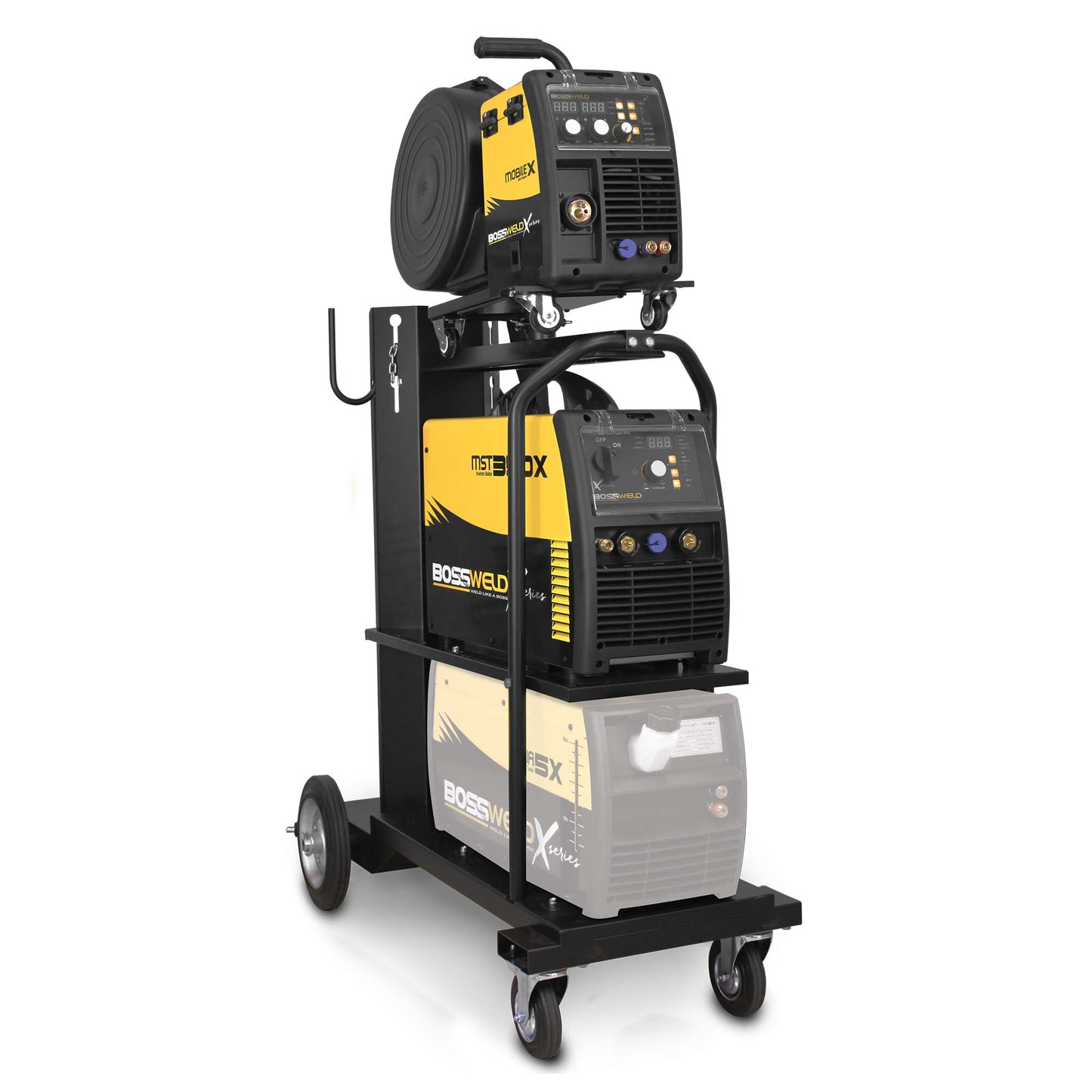 Bossweld X-Series MST 350X MIG/STICK/TIG black and yellow Inverter Welder AIR COOLED on a welding machine trolley
