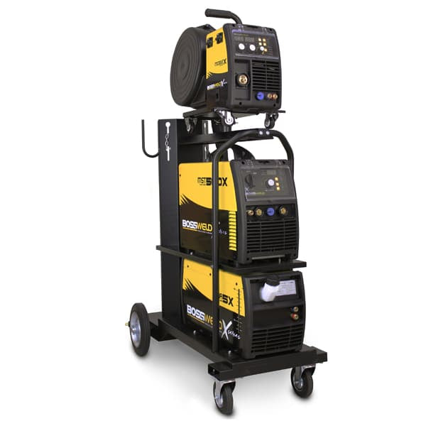 A Bossweld X-Series MST 500X MIG/STICK/TIG  black and yellow Inverter Welder featuring multiple control interfaces on a black wheeled cart .