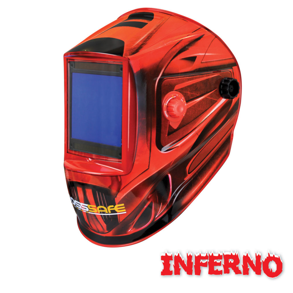 Electronic welding helmet with a red and black colour scheme, featuring a large viewing area. graphic design named 'INFERNO'