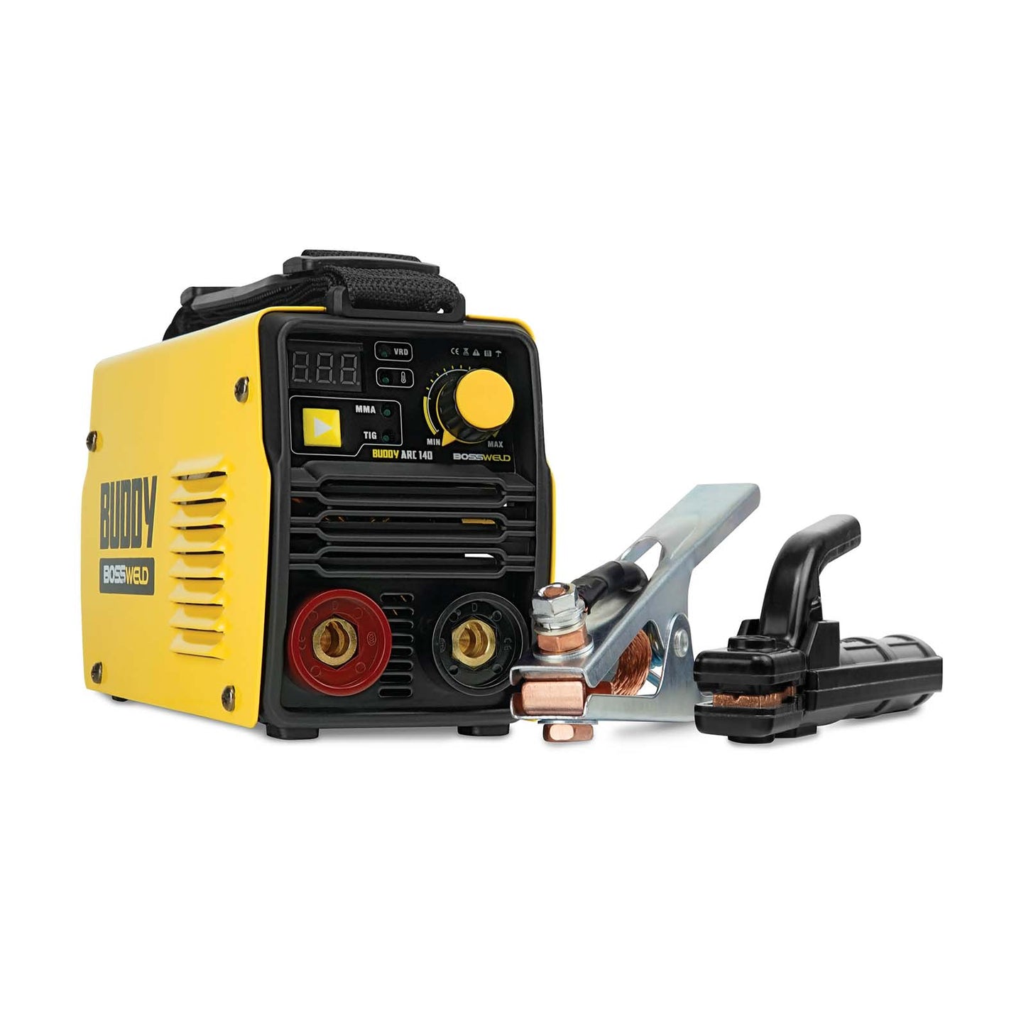 A Bossweld Buddy Arc 140 arc welder with a tong type electrode holder lead. The welder is primarily yellow and black in colour.