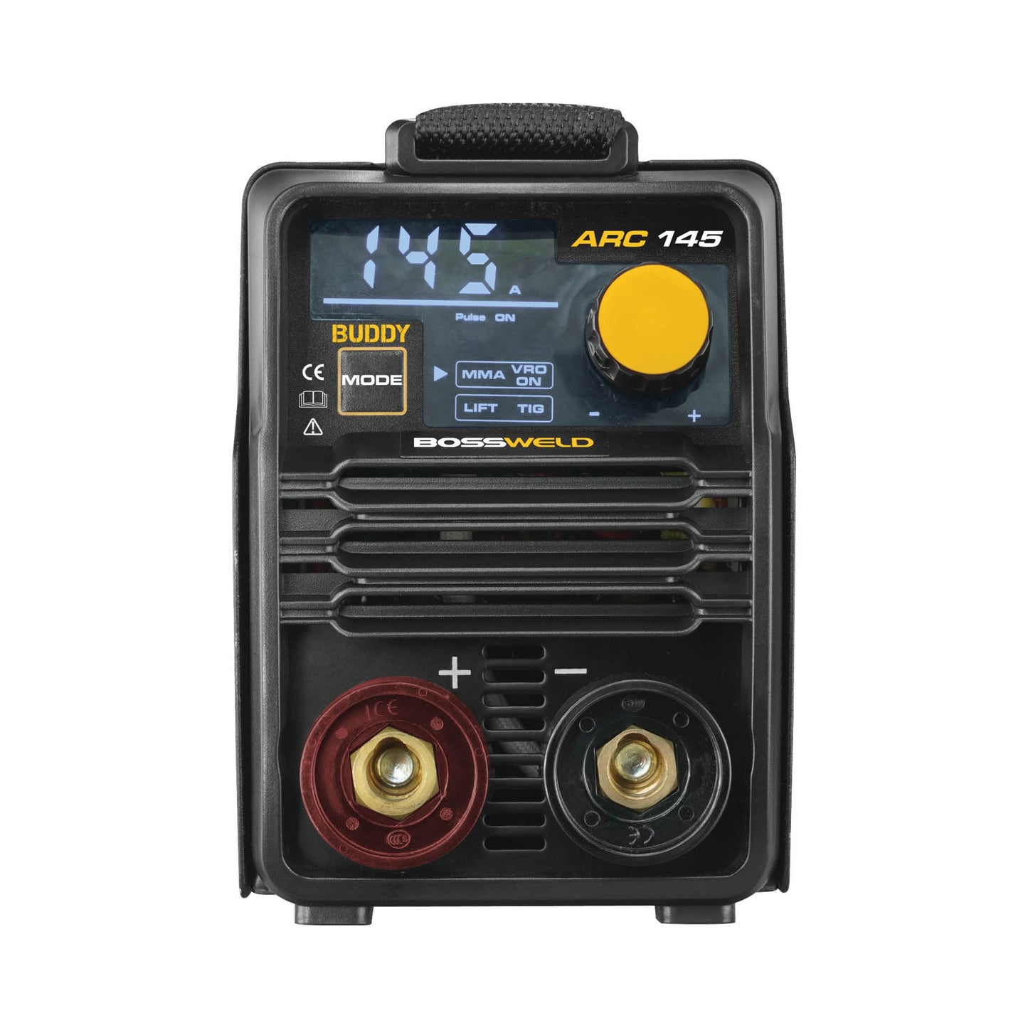 Bossweld Buddy Arc 145 Inverter Welder front view digital control panel and connectors