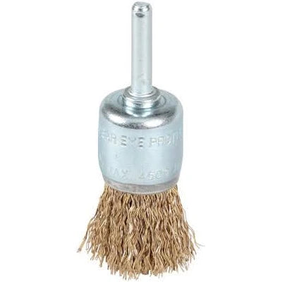 A crimped wire end brush with a metal spindle mount, typically used for mild scrubbing or cleaning tasks.