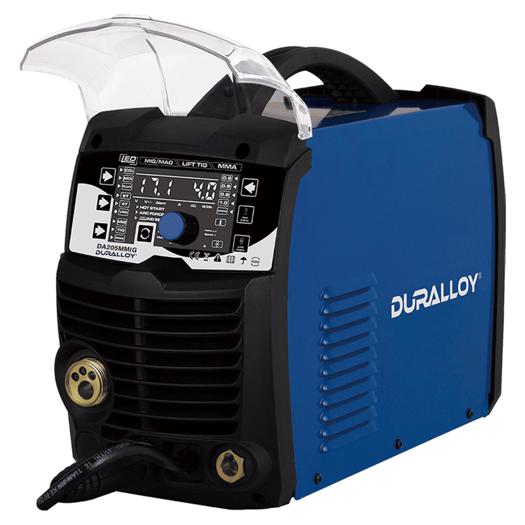 Duralloy MULTIMIG 205 inverter welding machine in blue and black colour with a digital display and control panel.