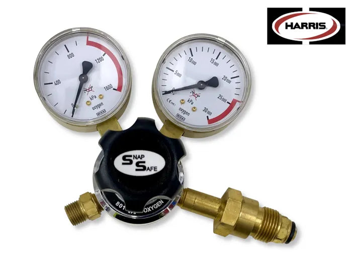 Harris 801 Oxygen Cylinder Regulator 0-1000kPa Side Inlet T10 (Snap Safe)
