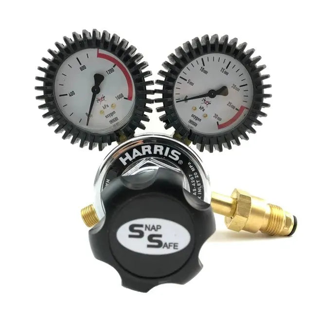 Harris 825 Oxygen Cylinder Regulator 0-1000kPa Side Inlet T10 (Snap Safe)