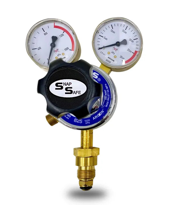 Harris 825 Argon Cylinder Pressure Regulator – 0-1000kPa Vertical Inlet (T10 Snap Safe)