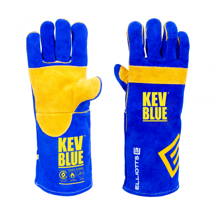 Leather Welding Gloves with durable leather reinforcement on the palm and thumb, and knuckle bar strip on the back of the hand.
