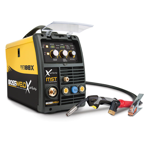 A Bossweld MST 188X MIG/STICK/TIG Inverter Welder with a black and yellow colour scheme, including a welding gun.