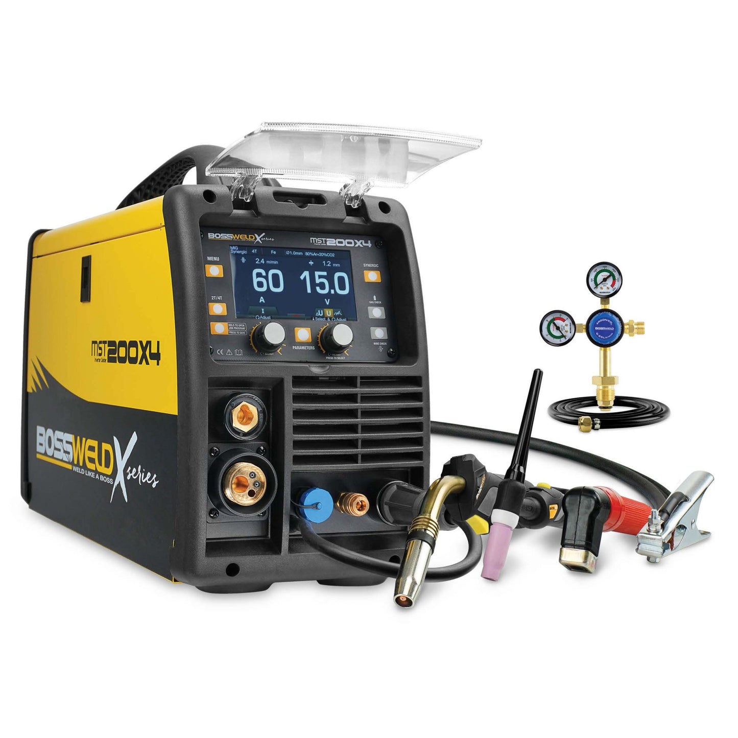 A Bossweld MST 200X4 Multiprocess 4-in-1 Welder, predominantly black and yellow in colour, with various welding accessories.