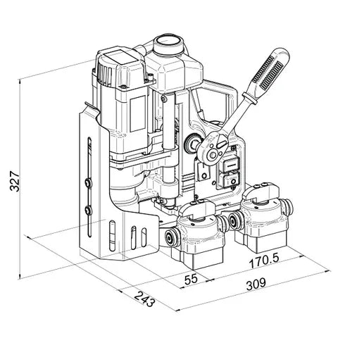 Black and white diagram of a HOLEMAKER PRO35 MAGNETIC BASE DRILL, WITH SWIVEL MAGNETIC BASE FOR PIPE DRILLING
