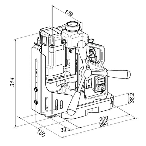 olemaker Pro35-T3 Magnetic Base Drill – Front angled view with coolant bottle