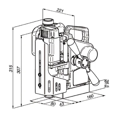 Black and white diagram of HOLEMAKER PRO35 AUTOMATIC FEED MAGNETIC BASE DRILL