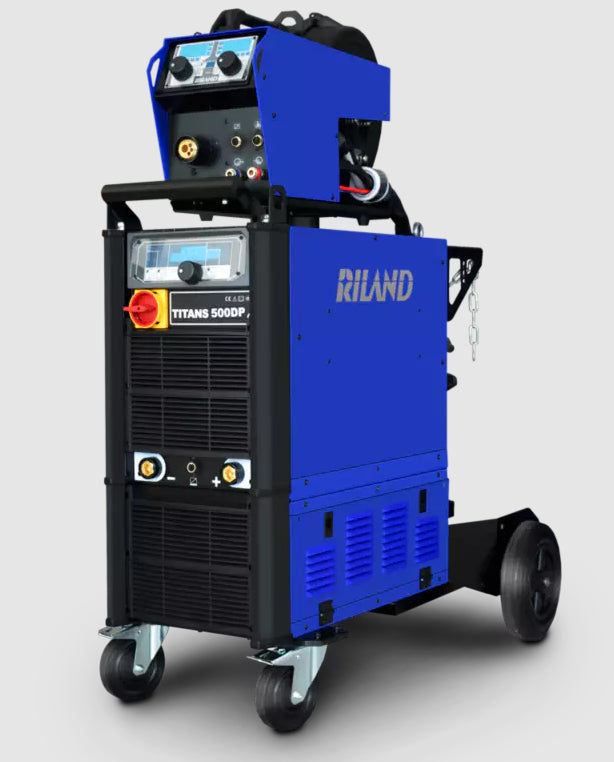 A blue Riland TITANS 500DP Pulse MIG /TIG/GOUGING  Welder on wheels, featuring a digital display and controls.