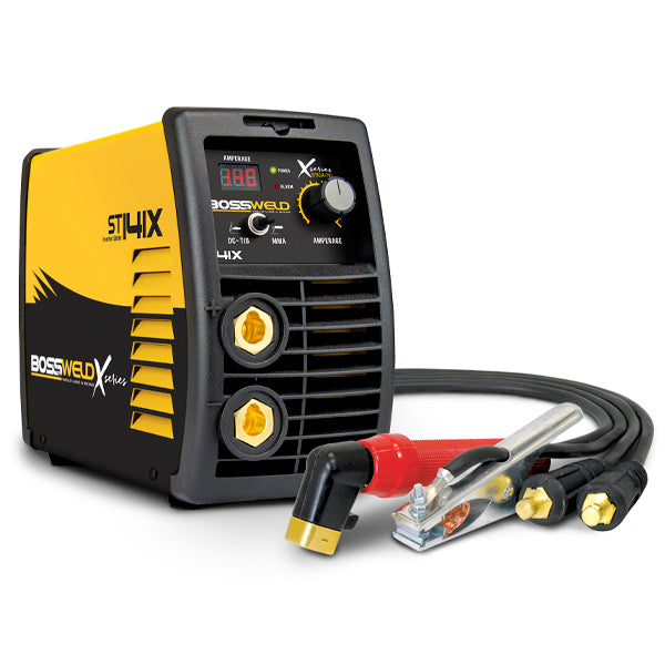 A Bossweld 141X MMA and DC Lift TIG welder view of front panel digital display, controls, and an attached welding gun.