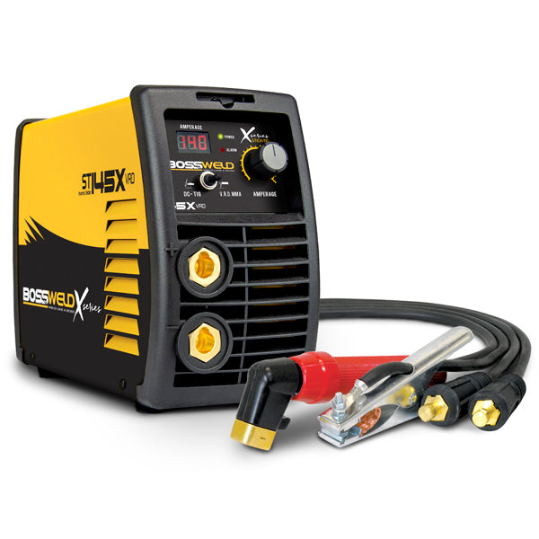 A Bossweld 145X VRD MMA and DC Lift TIG welder, black and yellow in colour, with a digital display and welding accessories.