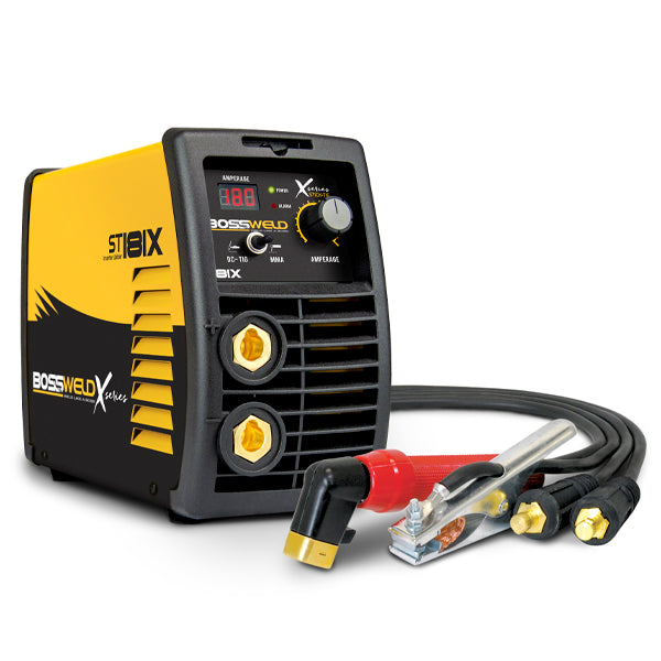 Bossweld 181X MMA and DC Lift TIG welder with a digital LED display, in yellow and black colour scheme, with cables and plug.