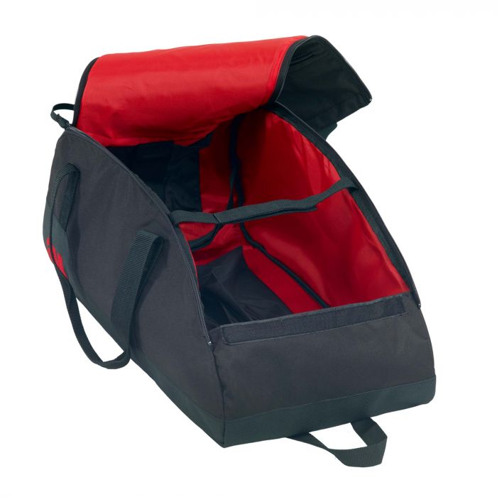 Red and black helmet bag with a handle showing interior view on a white background