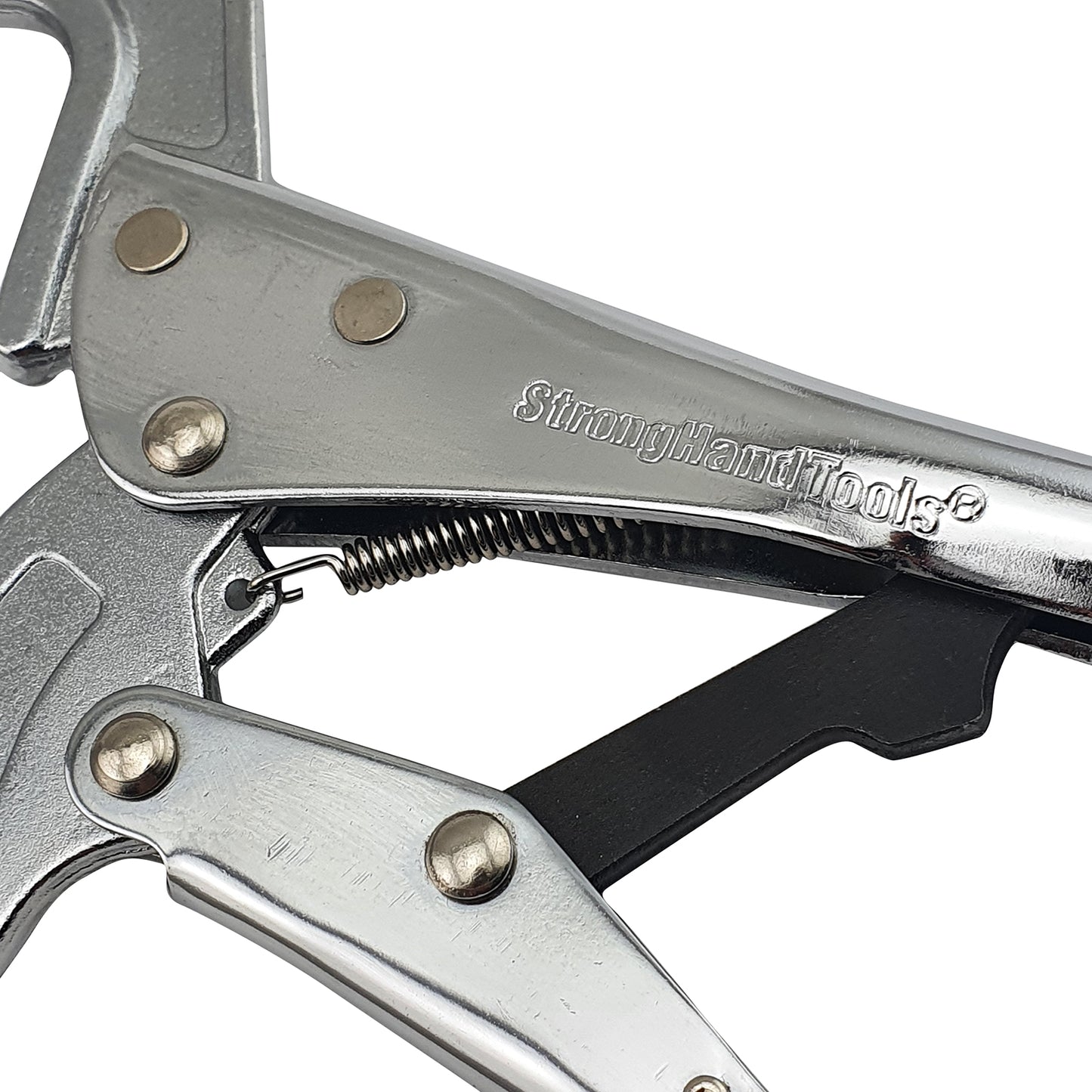 Close-up of a metal tool with 'StrongHand Tools' branding on a white background