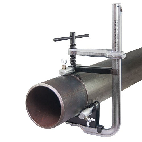 Metal pipe clamp holding a metal pipe on a white background