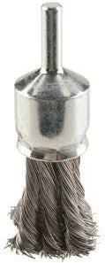 A steel twist-knot brush with a spindle mount end, featuring brass-coated crimped wire.