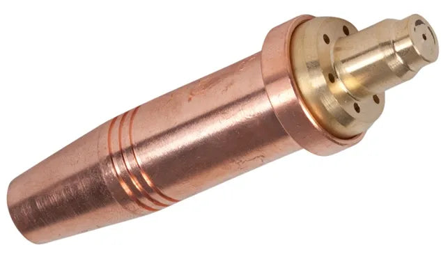 Brass and copper welding nozzle on a white background which is a Type 44 Oxy/LPG Size 32GS Straight Gouging Tip