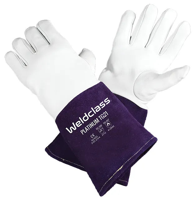 White gloves with purple wristbands featuring 'Weldclass' Platinum TG 21 branding on a white background