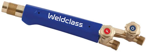 A blue Weldclass blowpipe handle with brass valves and tension system, designed for gas adjustment in welding tasks.