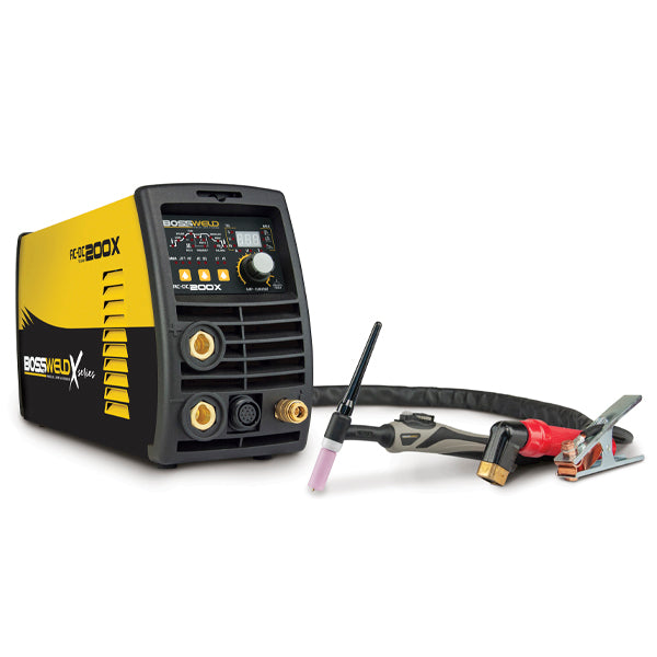 A Bossweld  AC DC 200X TIG Welder with a digital LED display,  accompanied by a welding electrode and a welding gun.