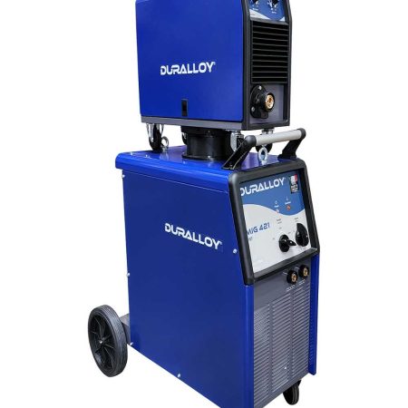 Blue Duralloy transformer MIG welding machine on wheels with a power source and wirefeed, marked as model 421 MIG SWF 415V.