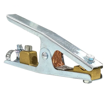 A heavy duty direct fit earth clamp, primarily silver in colour with brass jaws, designed for use with welders.