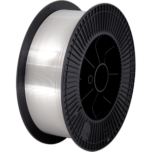 A spool of gasless wire for welding, with most of the wire visible, mounted on a black plastic spool.