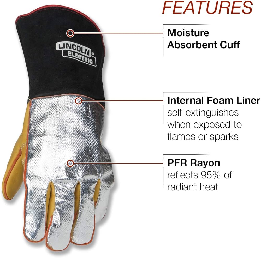 Lincoln Heat Resistant Welding Gloves Features showing moisture absorbent cuff internal foam and PFR Rayon top of hand that is heat resistant