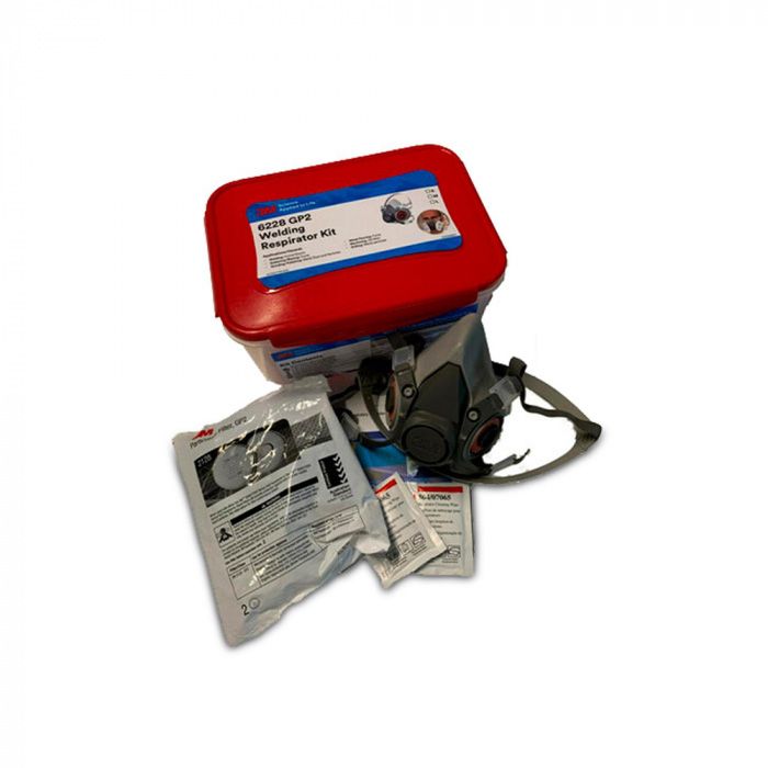 Respirator kit with storage box and face mask on a white background