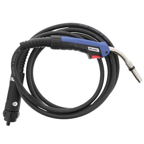 A welding torch with a black cable and a blue and black handle labeled with ' Binzel'.