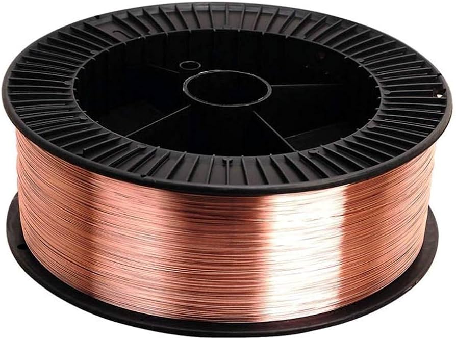 A spool of mild steel MIG wire with superior copper coating.