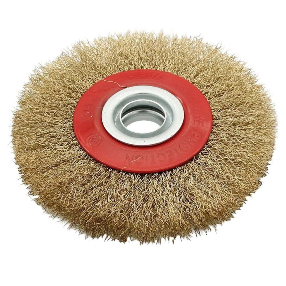 Crimped Pedestal Wheel Brush with a diameter of 150mm (6 inches) and a multi-bore width of 18mm, made of brass-coated steel wire.