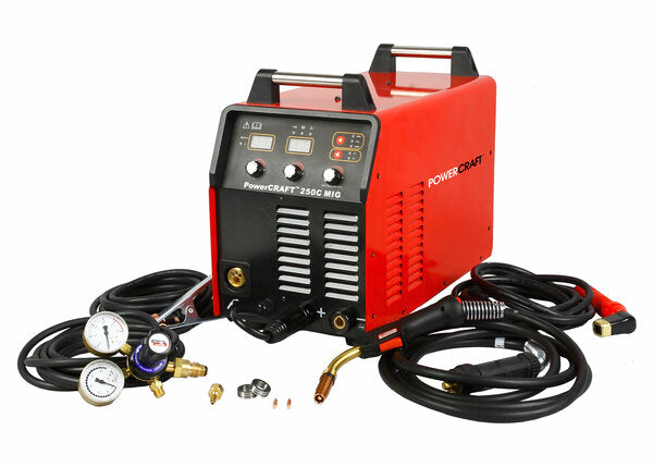 Lincoln Powercraft 250C K69033-1 welding machine in red colour with accessories such as torch and regulator on a white background.