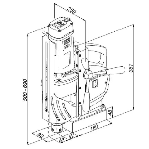 Holemaker Special 60 Magnetic Base Drill – Dimensional drawing showing 500–690mm height range