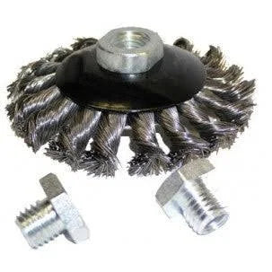A black bevel brush twist knot with metal bristles and two metal adapters, designed for use with angle grinders.